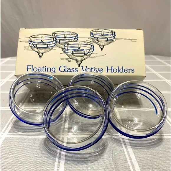 RARE Department 56 Set 4 Floating Glass Votive Holders Clear Cobalt Blue Swirl - Picture 1 of 13